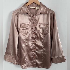Allison Brittney Satin Button Down Shirt in Taupe Sz Medium